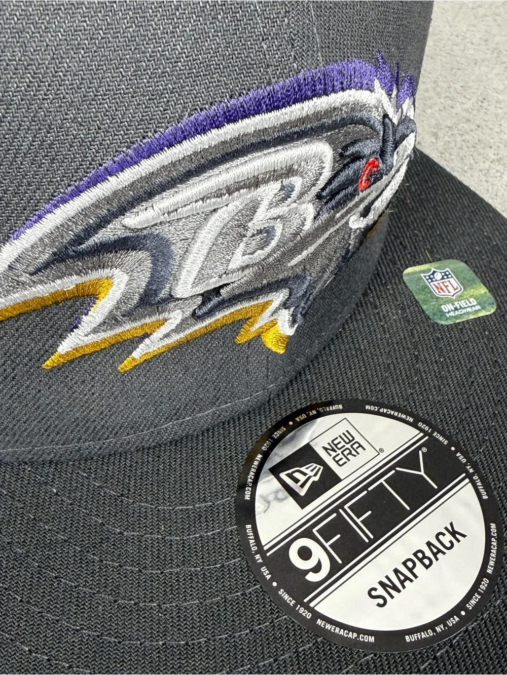 New Era Baltimore Ravens Hat 9Fifty Snapback NFL Draft Day Graphite Side Patch